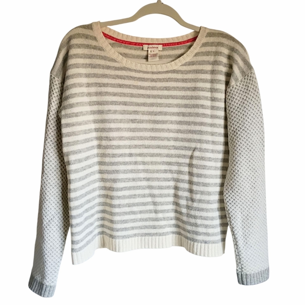 Sundance Crew Neck Sweater Wool Gray Ivory Coastal stripe Size Small